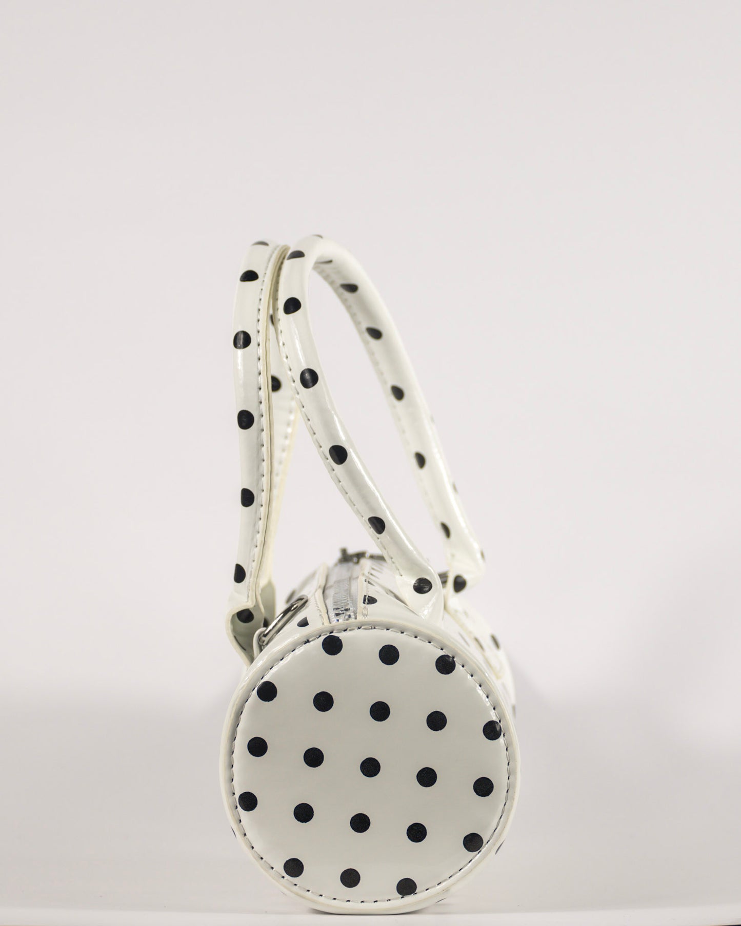 White Polka Dot Barrel Bag